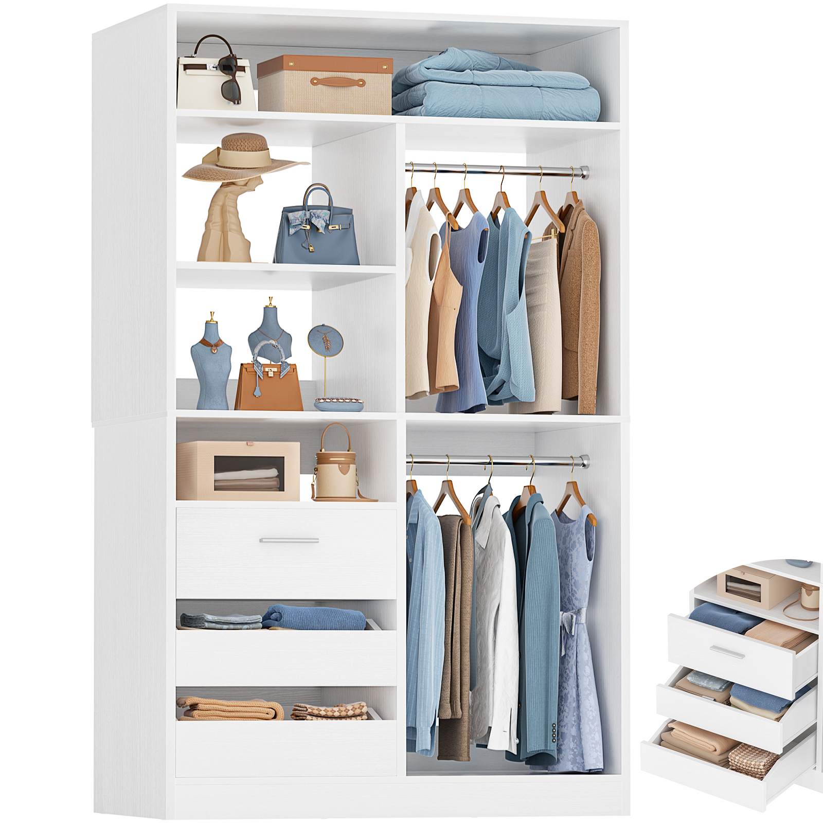 3FT Closet System with 6 Shelves, 2 Hanging Rod, Closed & 2 Half-Open Drawers