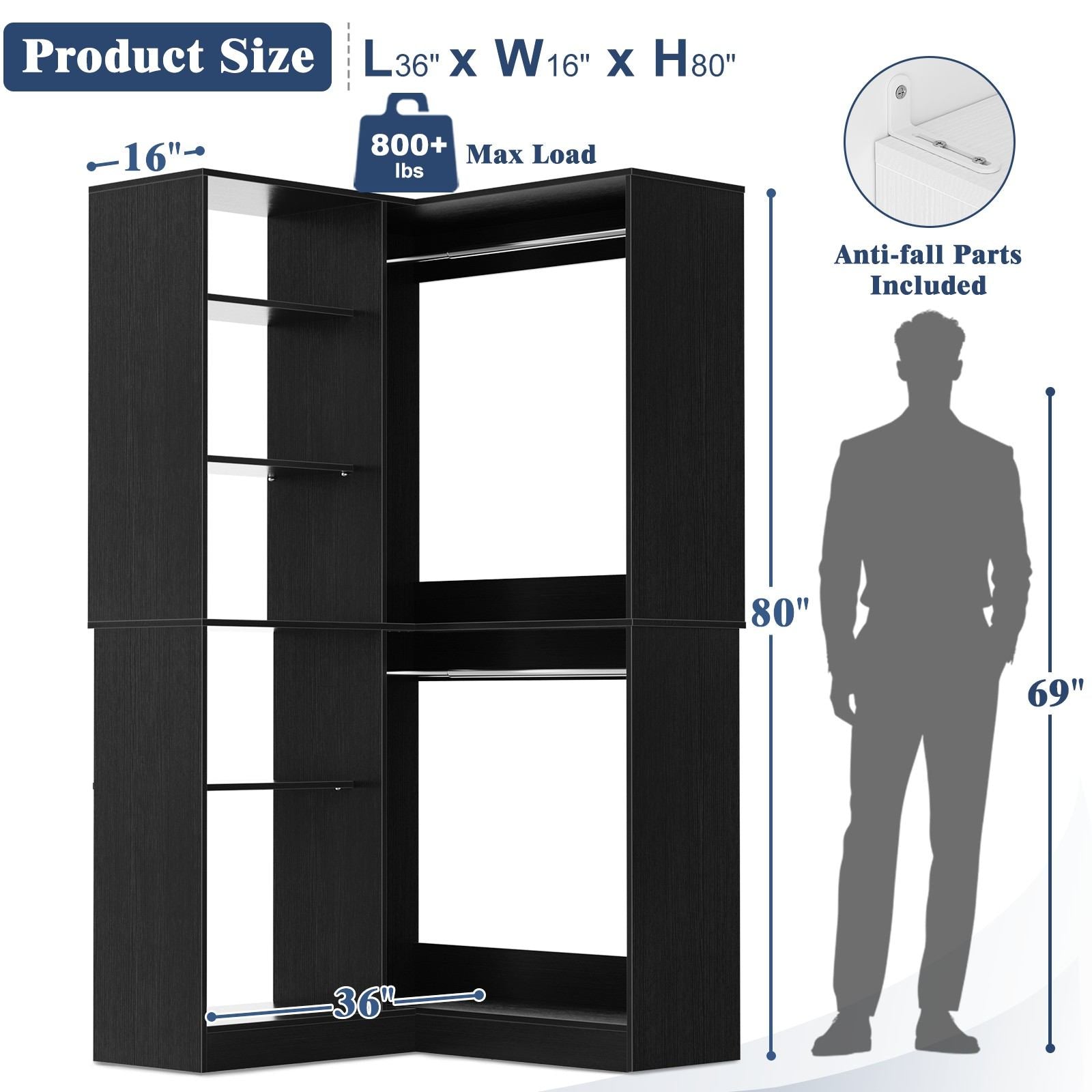 36'' Corner Closet System with 7 Shelves & 2 Hanging Rods, Load 800+LBS