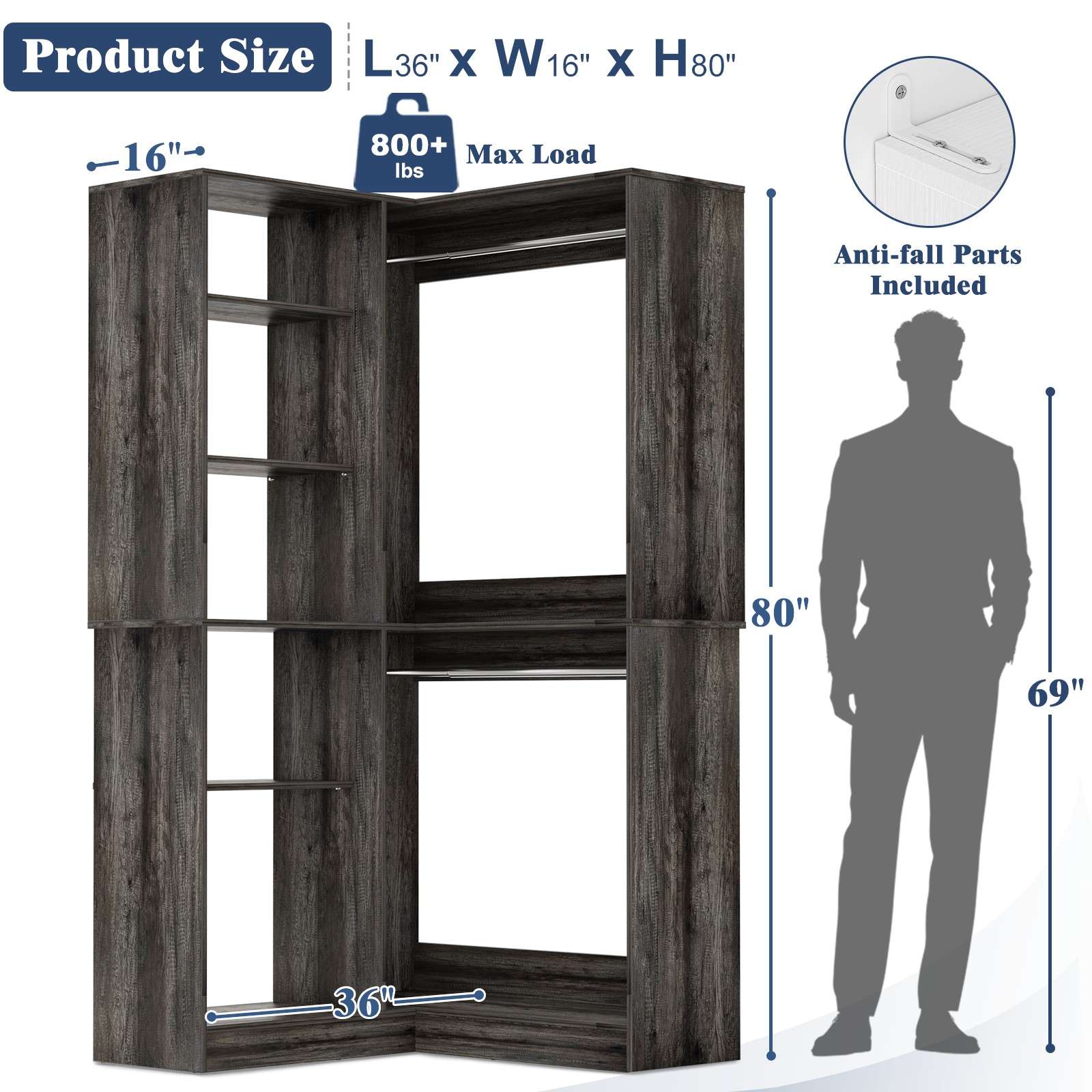36'' Corner Closet System with 7 Shelves & 2 Hanging Rods, Load 800+LBS