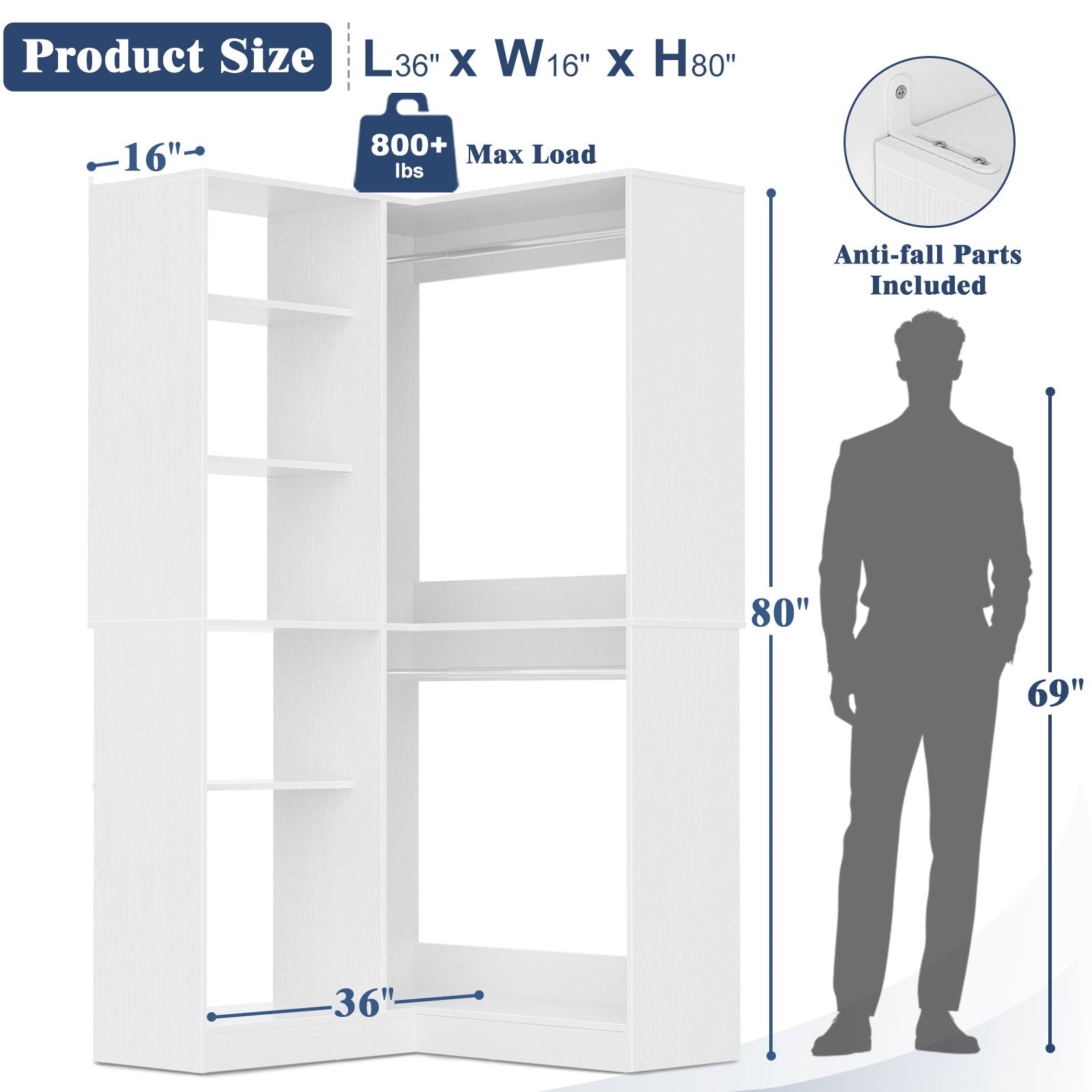 36'' Corner Closet System with 7 Shelves & 2 Hanging Rods, Load 800+LBS
