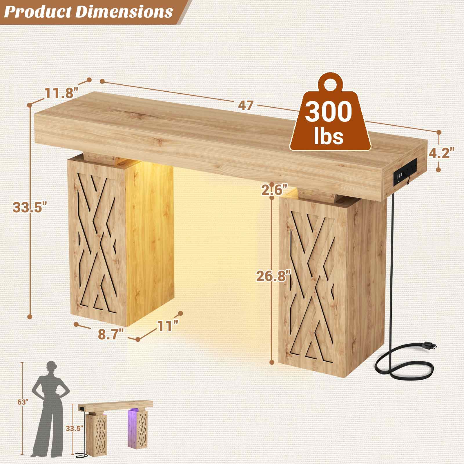 47.2'' Farmhouse Console Table with Charging Station and LED Lights