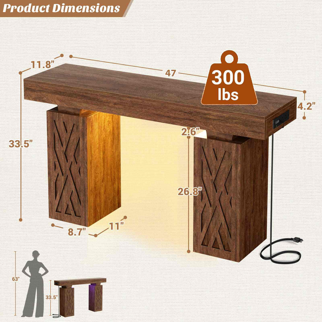 47.2'' Farmhouse Console Table with Charging Station and LED Lights