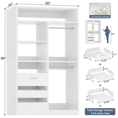 3FT Closet System with 6 Shelves, 2 Hanging Rod, Closed & 2 Half-Open Drawers