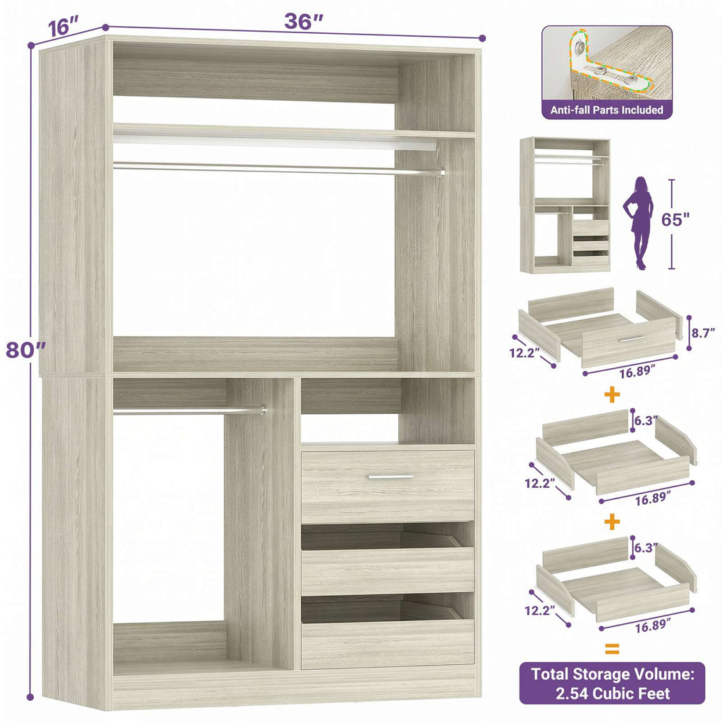 36'' Closet System with Long Hanging Rods, 4 Shelves, Wood Walk-in Closet with Closed & 2 Half-Open Drawers