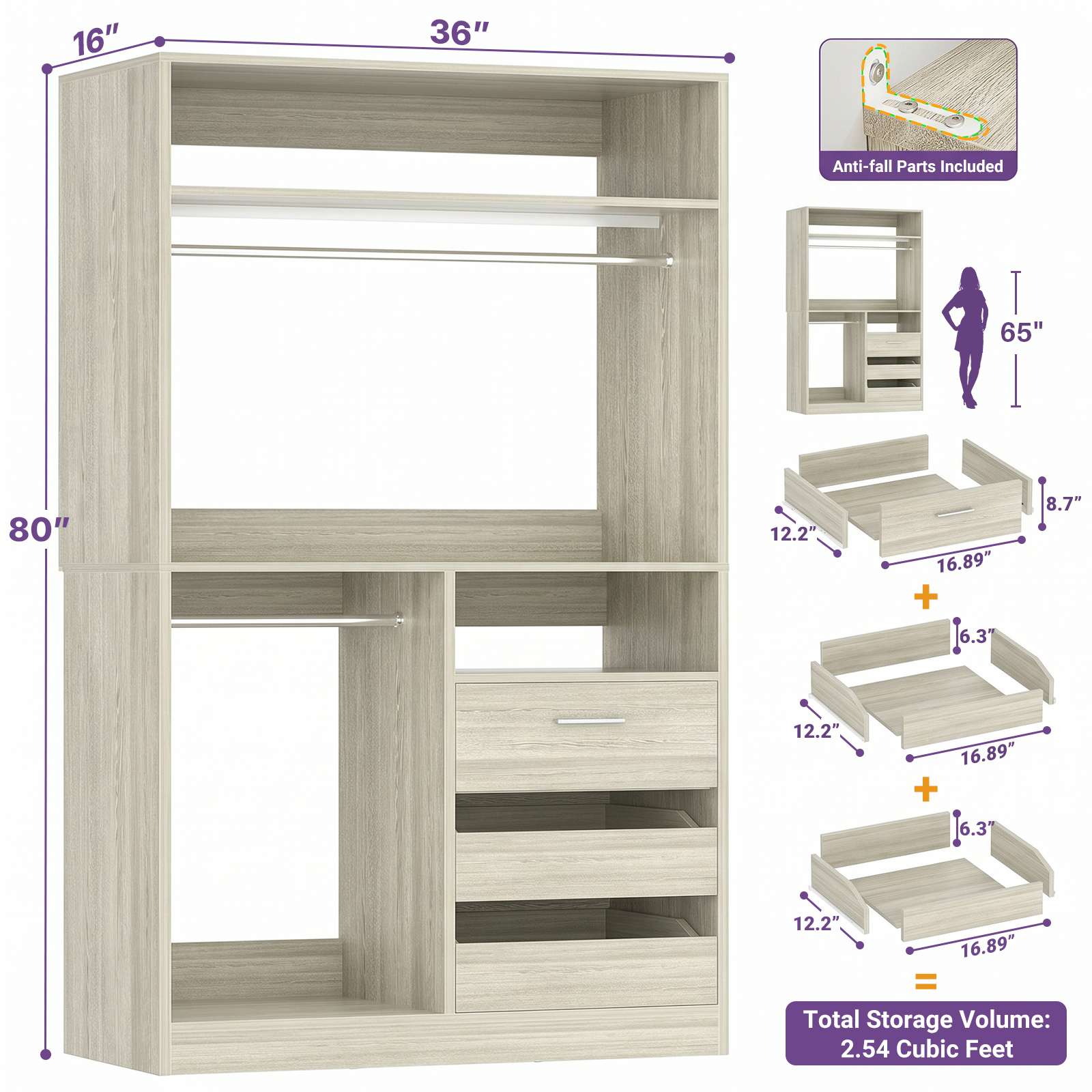 36'' Closet System with Long Hanging Rods, 4 Shelves, Wood Walk-in Closet with Closed & 2 Half-Open Drawers