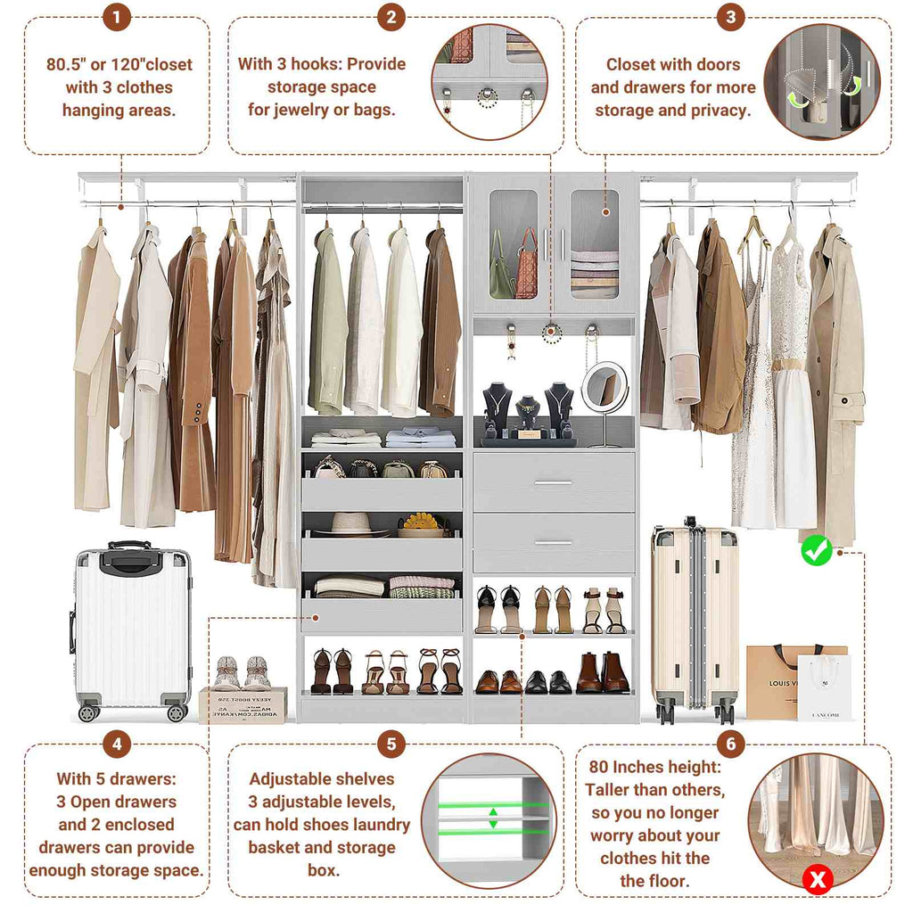 40''-120" Closet System Set 2 with 3 Half-Open Drawers, Shelving Towers, Hanging Rods and 2 Big Wing Shelves