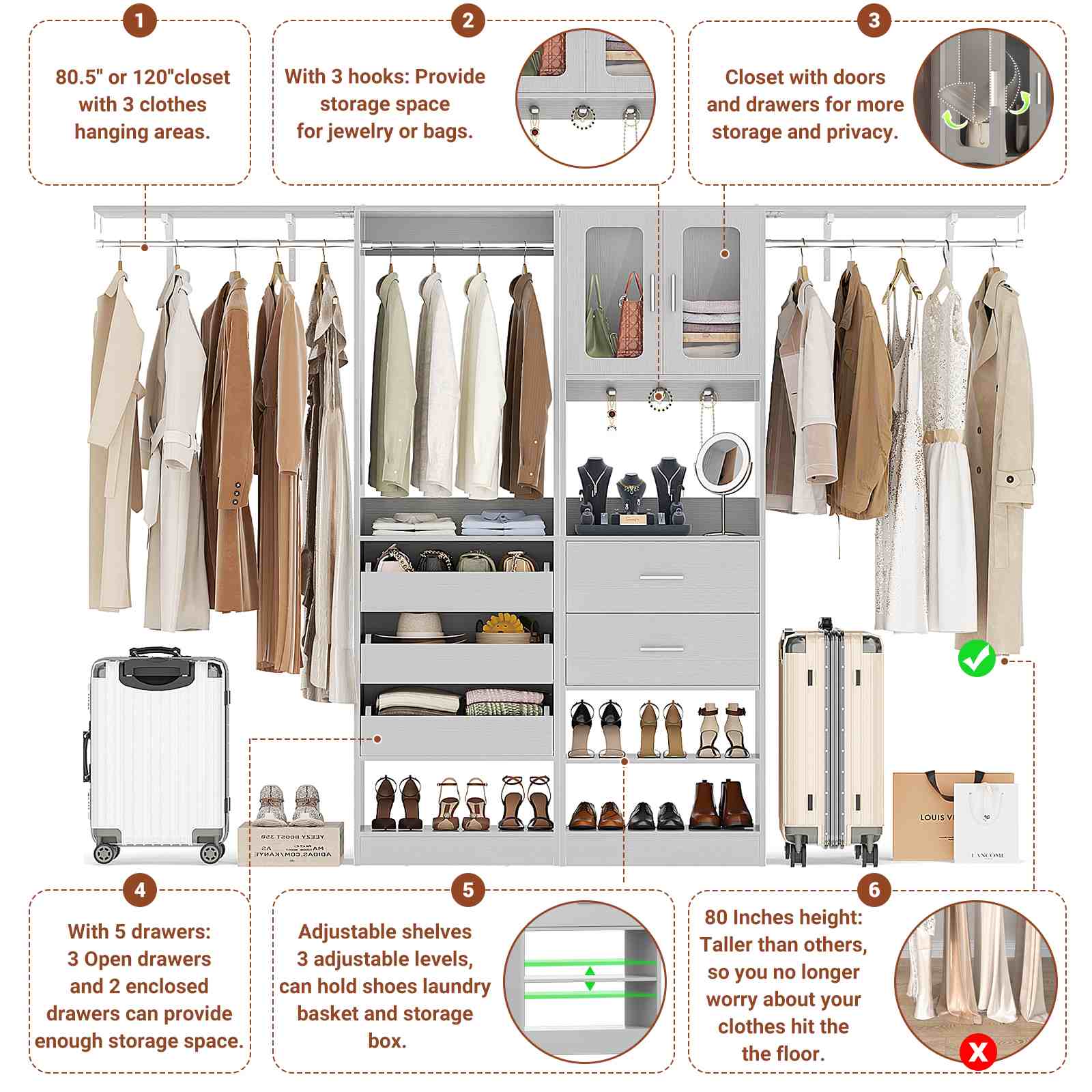 40''-120" Closet System Set 2 with 3 Half-Open Drawers, Shelving Towers, Hanging Rods and 2 Big Wing Shelves