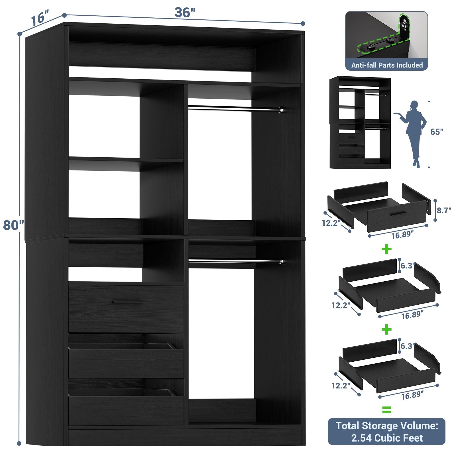 3FT Closet System with 6 Shelves, 2 Hanging Rod, Closed & 2 Half-Open Drawers