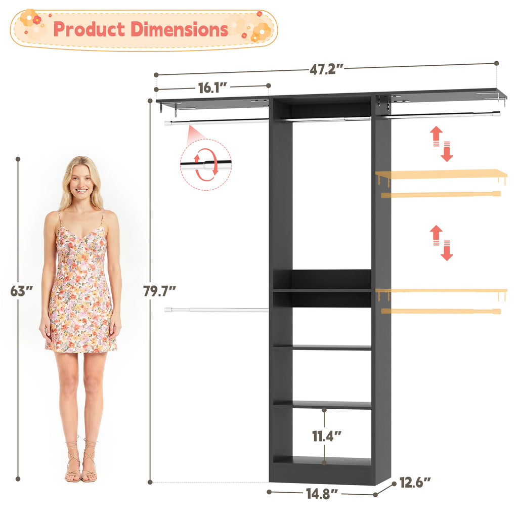 48" Small Closet System, Space-Saving Wall-Mounted Wardrobe Organizer, with 3 Adjustable Hanging Rods & 4 Shelves