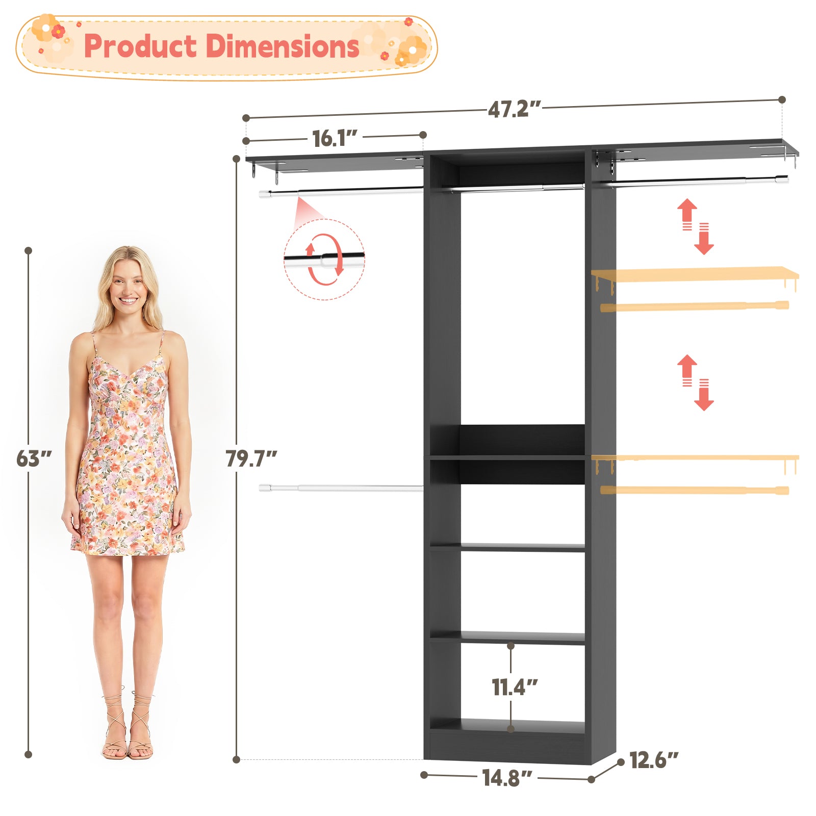 48" Small Closet System, Space-Saving Wall-Mounted Wardrobe Organizer, with 3 Adjustable Hanging Rods & 4 Shelves