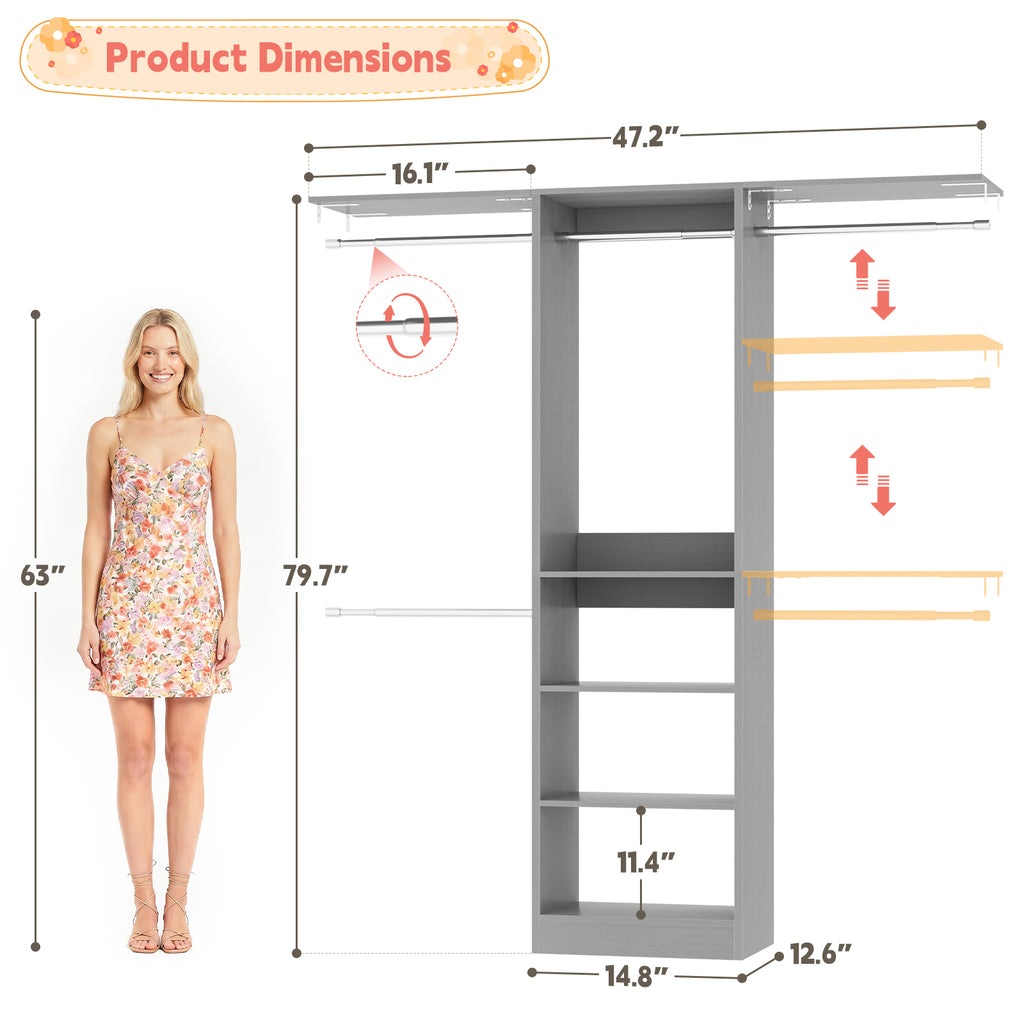 48" Small Closet System, Space-Saving Wall-Mounted Wardrobe Organizer, with 3 Adjustable Hanging Rods & 4 Shelves