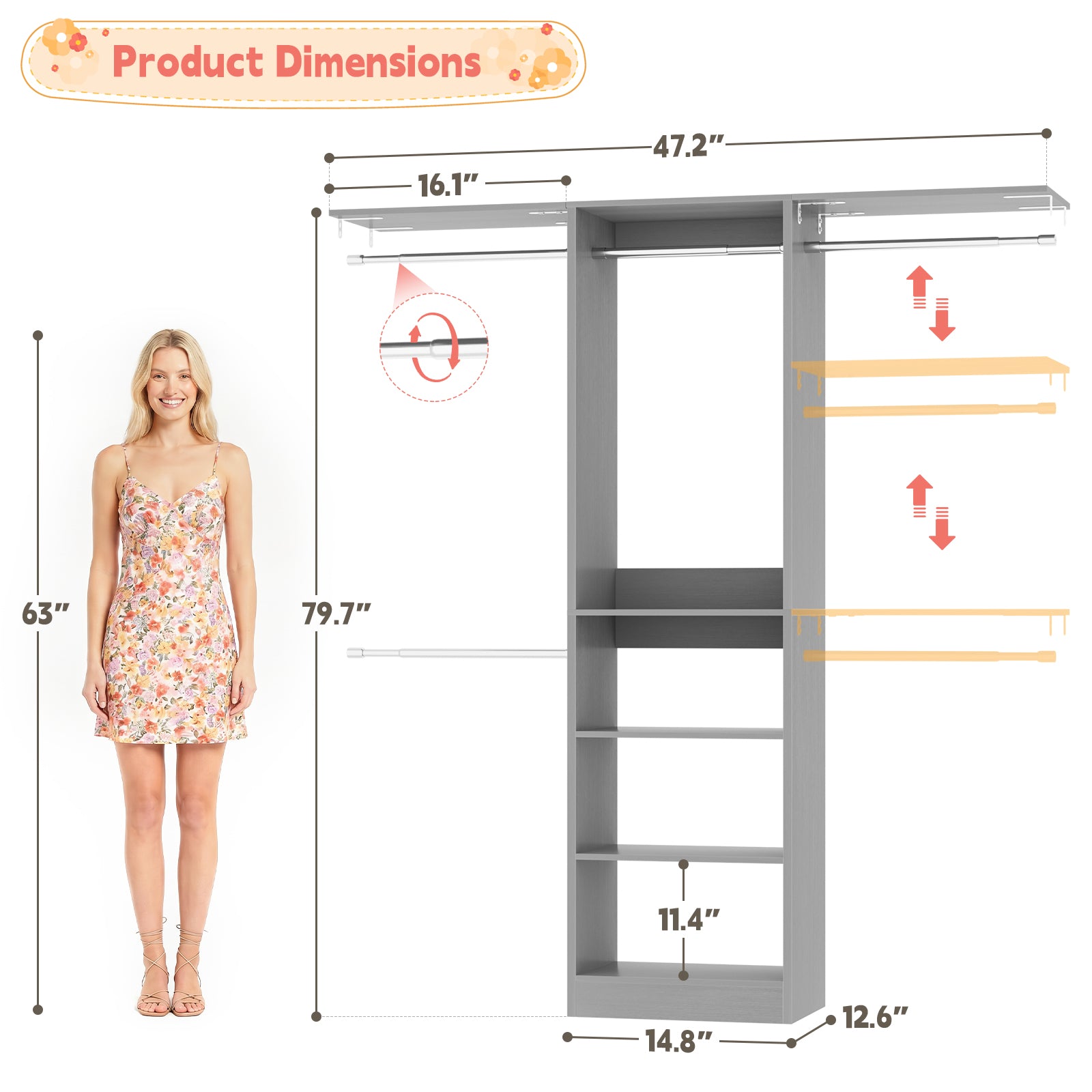 48" Small Closet System, Space-Saving Wall-Mounted Wardrobe Organizer, with 3 Adjustable Hanging Rods & 4 Shelves