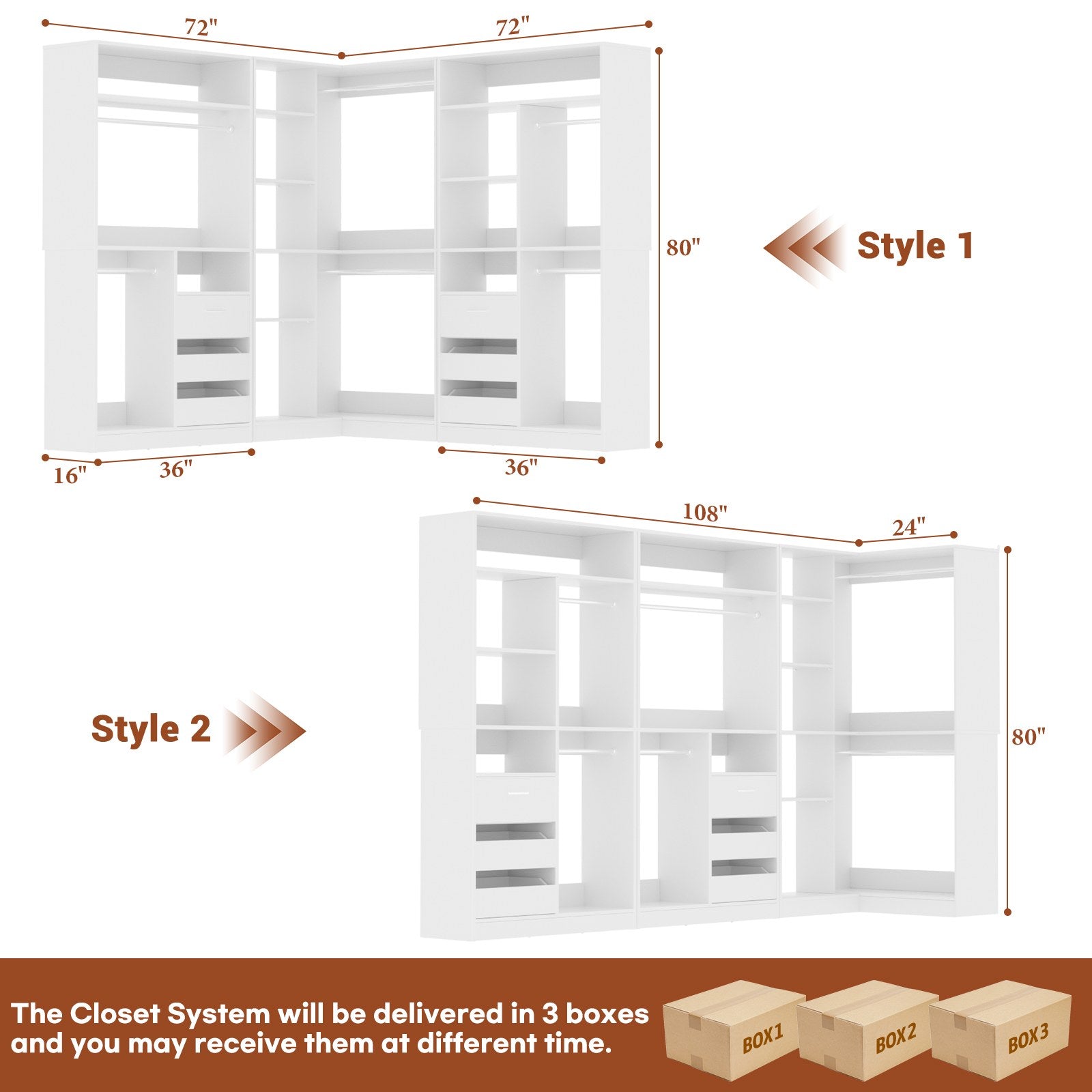 108" L-Shaped Closet System with 6 Drawers, 9FT Corner Closet System with 6 Hanging Rods & Corner Tower