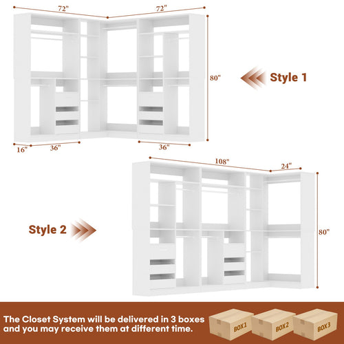 108" L-Shaped Closet System with 6 Drawers, 9FT Corner Closet System with 6 Hanging Rods & Corner Tower