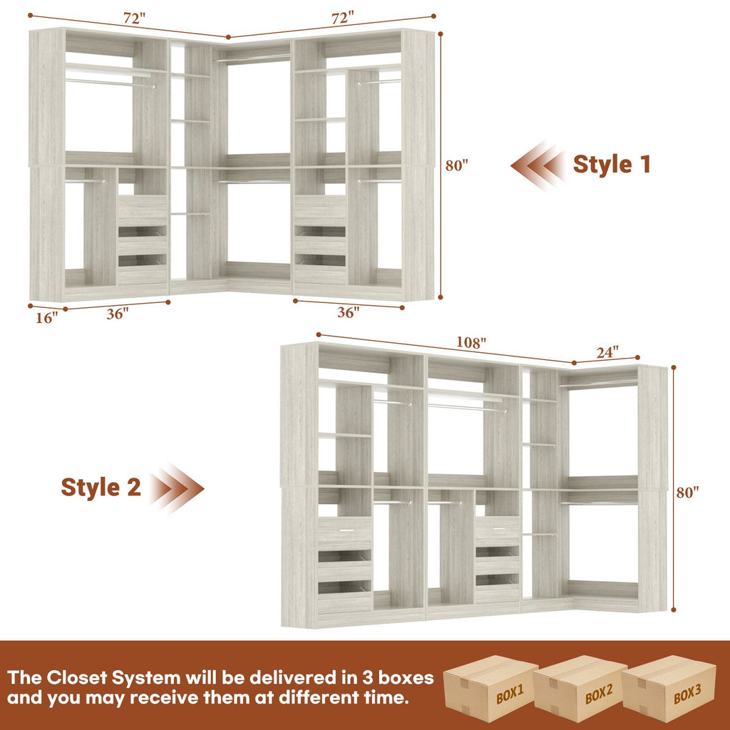 108" L-Shaped Closet System with 6 Drawers, 9FT Corner Closet System with 6 Hanging Rods & Corner Tower