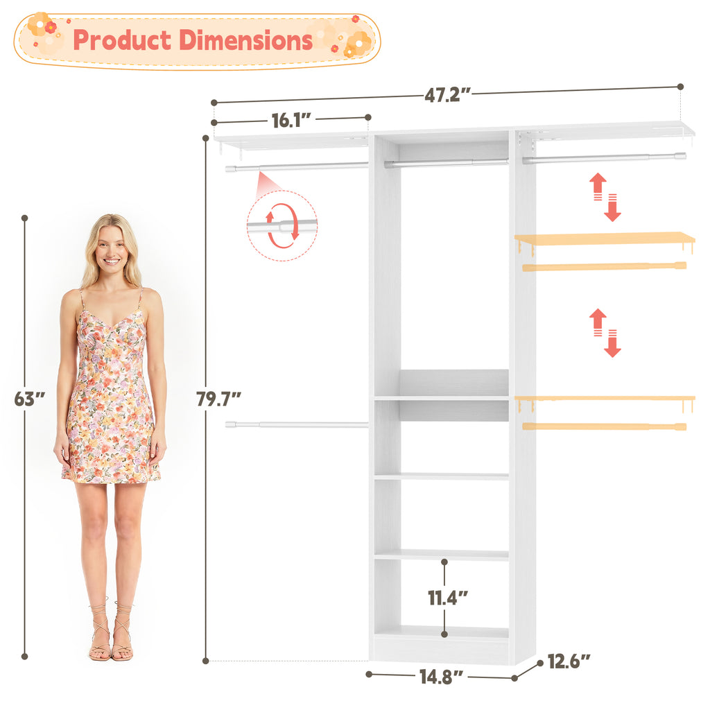 48" Small Closet System, Space-Saving Wall-Mounted Wardrobe Organizer, with 3 Adjustable Hanging Rods & 4 Shelves