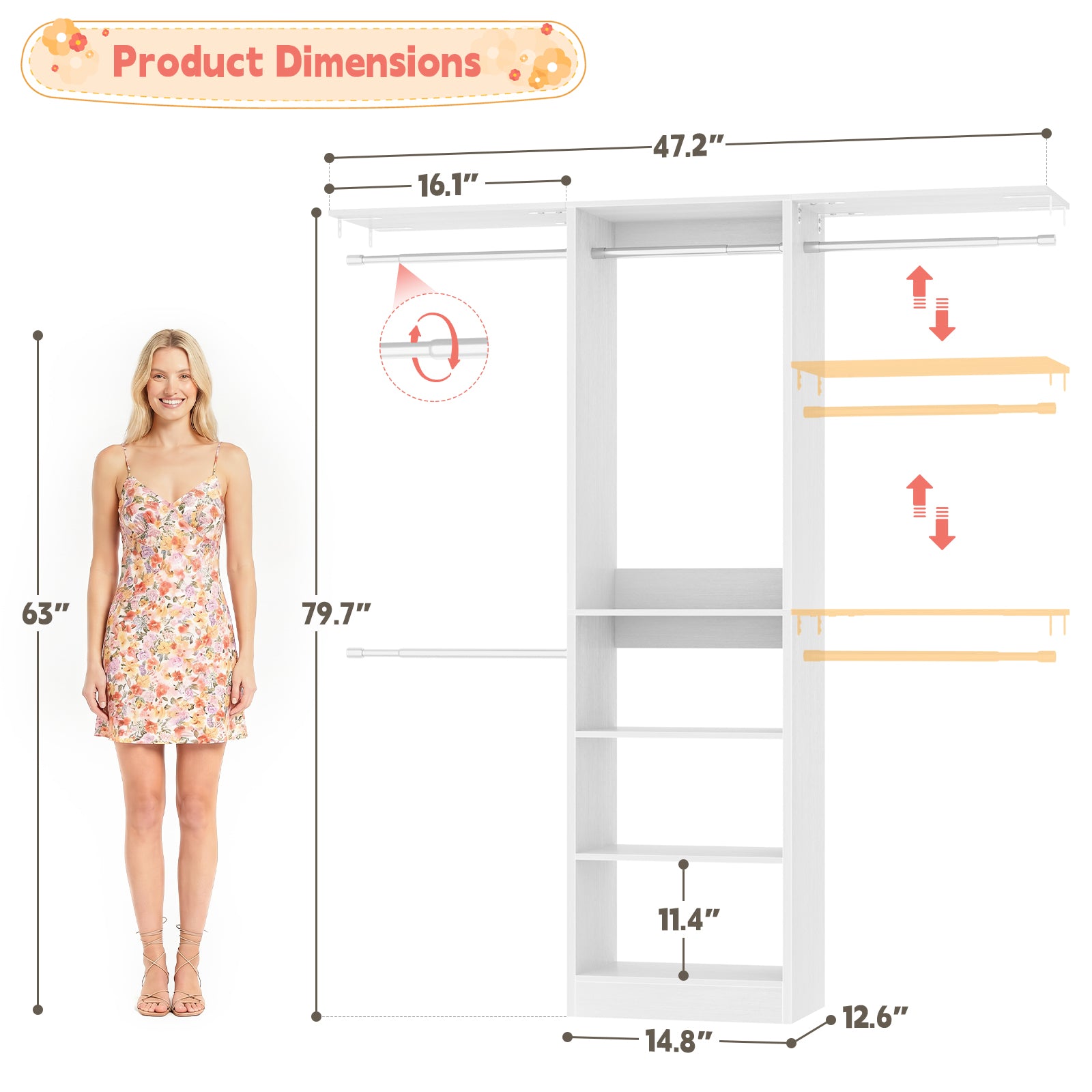 48" Small Closet System, Space-Saving Wall-Mounted Wardrobe Organizer, with 3 Adjustable Hanging Rods & 4 Shelves