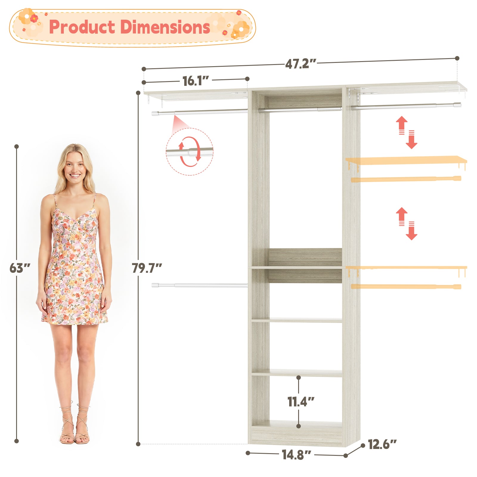 48" Small Closet System, Space-Saving Wall-Mounted Wardrobe Organizer, with 3 Adjustable Hanging Rods & 4 Shelves