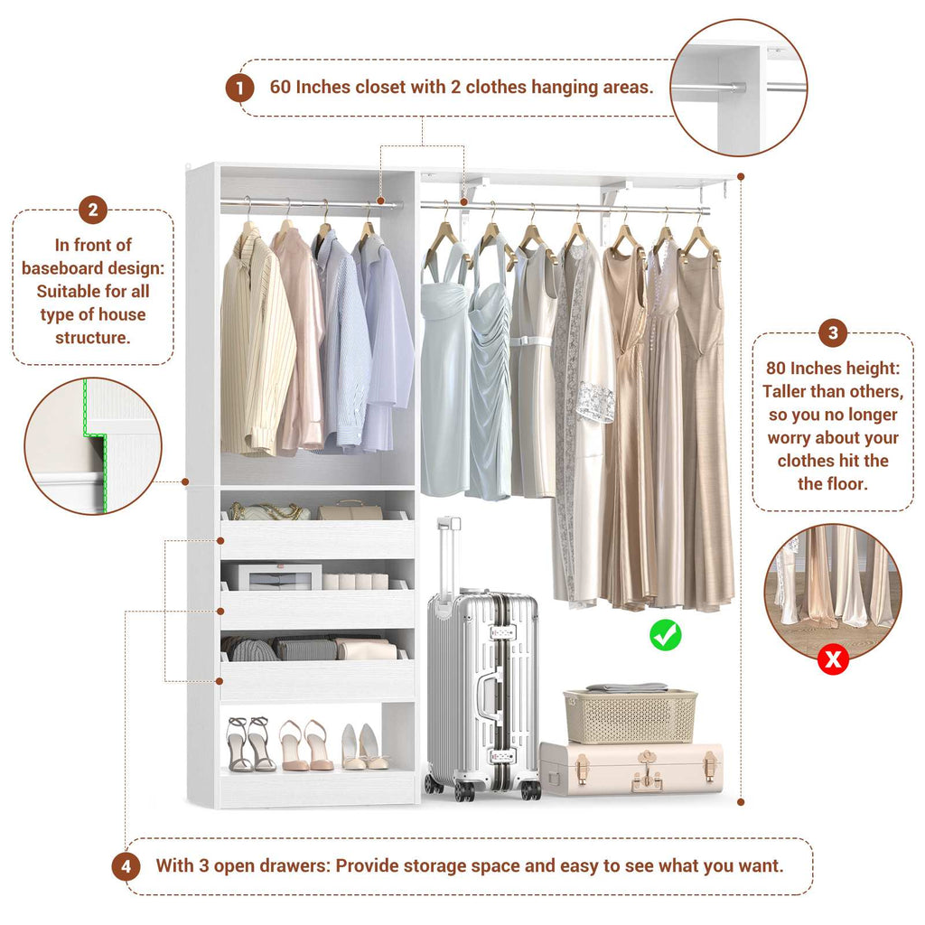 80" Tall x 60" Wide Closet System with 3 Half-Open Wooden Drawers,  2 Hanging Rods and Big Wing Shelf