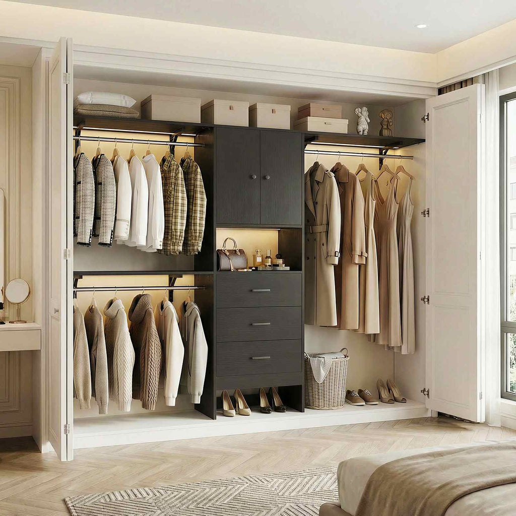 120" Heavy Duty Closet System with Cabinet Doors and 3 Wooden Drawers