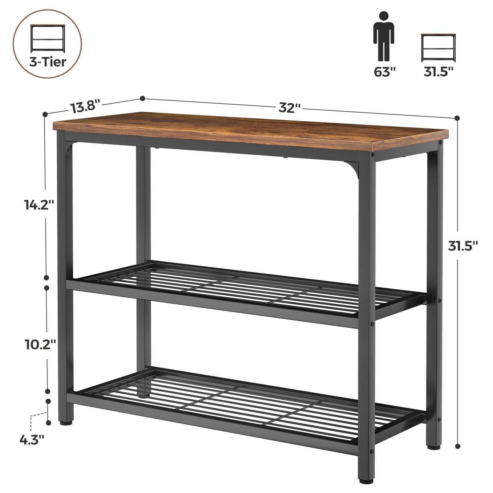32" 3-Tier Small Entryway Table with Double Mesh Shelves