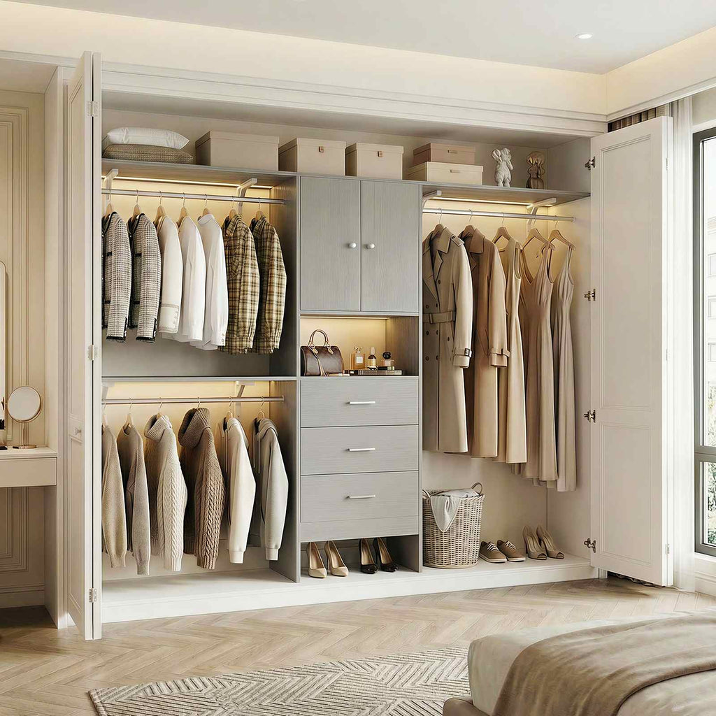 120" Heavy Duty Closet System with Cabinet Doors and 3 Wooden Drawers