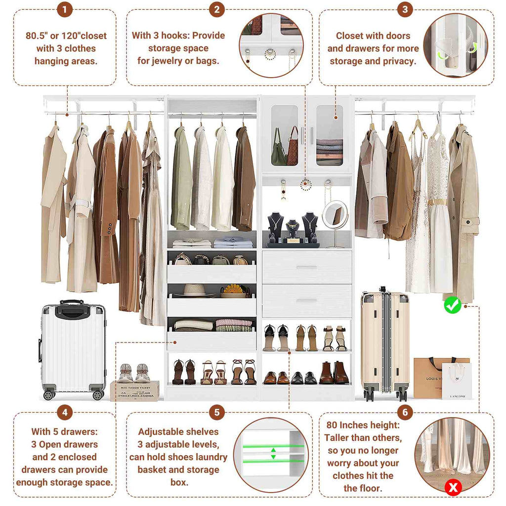 40''-120" Closet System Set 2 with 3 Half-Open Drawers, Shelving Towers, Hanging Rods and 2 Big Wing Shelves