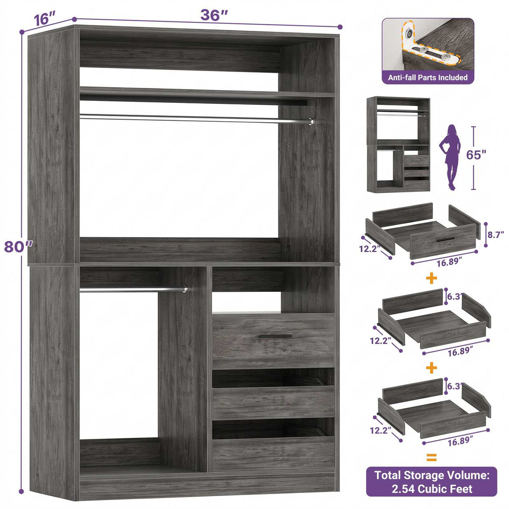 36'' Closet System with Long Hanging Rods, 4 Shelves, Wood Walk-in Closet with Closed & 2 Half-Open Drawers