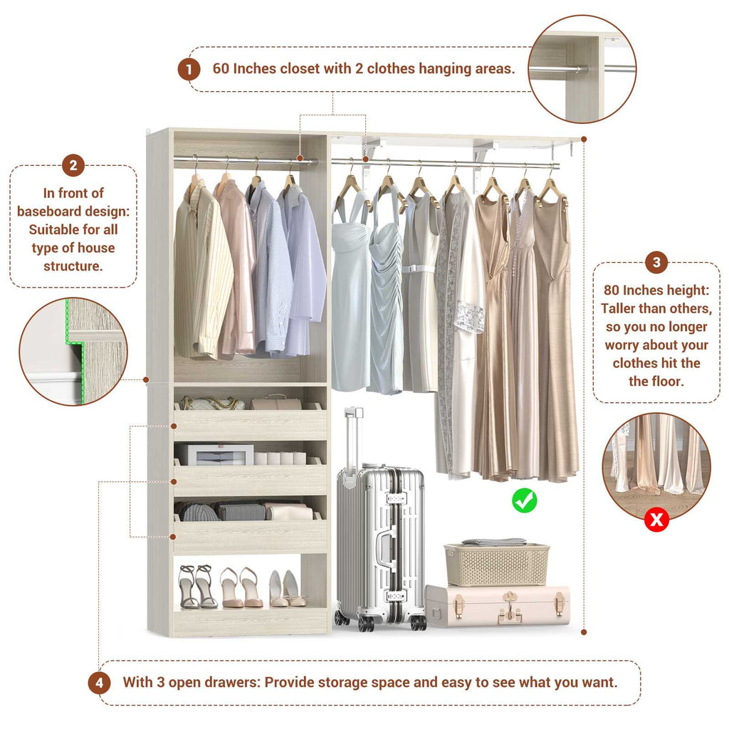 80" Tall x 60" Wide Closet System with 3 Half-Open Wooden Drawers,  2 Hanging Rods and Big Wing Shelf
