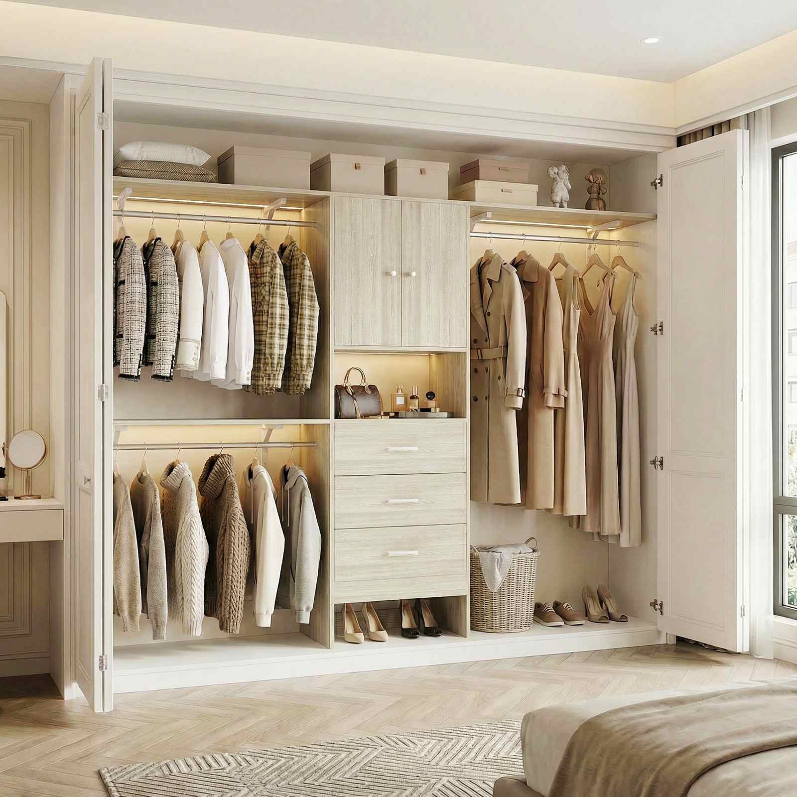 120" Heavy Duty Closet System with Cabinet Doors and 3 Wooden Drawers