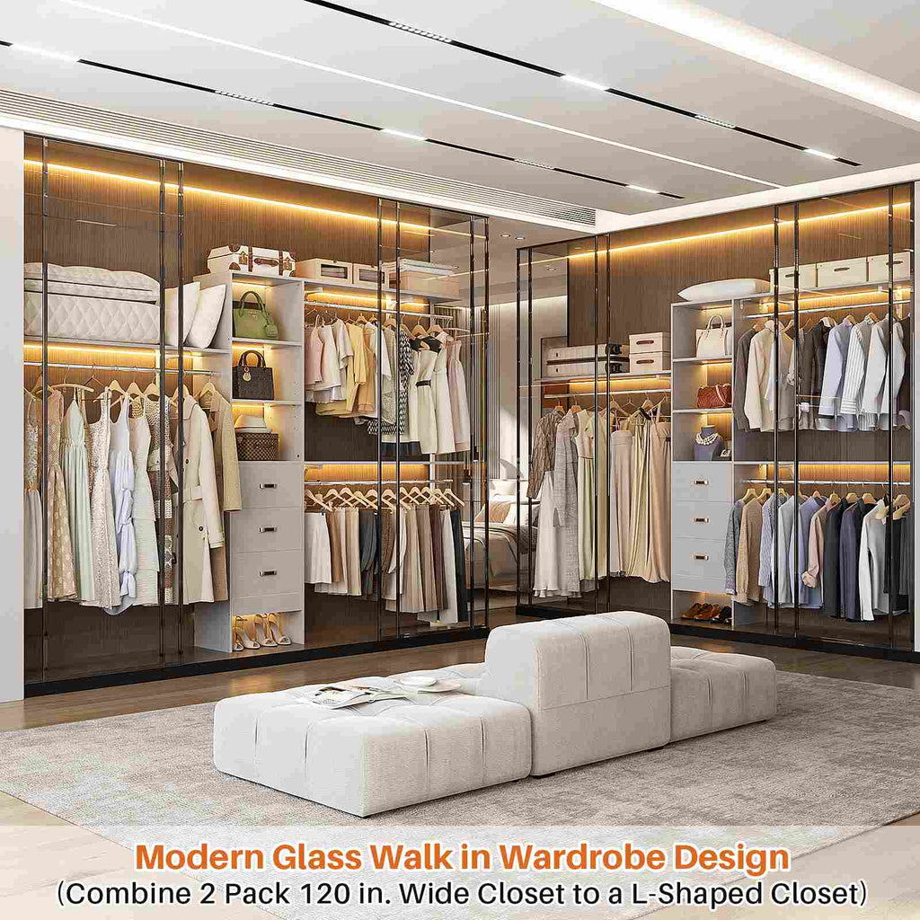 10FT Heavy Duty Closet System with 3 Wooden Drawers, 3 Shelving Towers and Expandable Rods