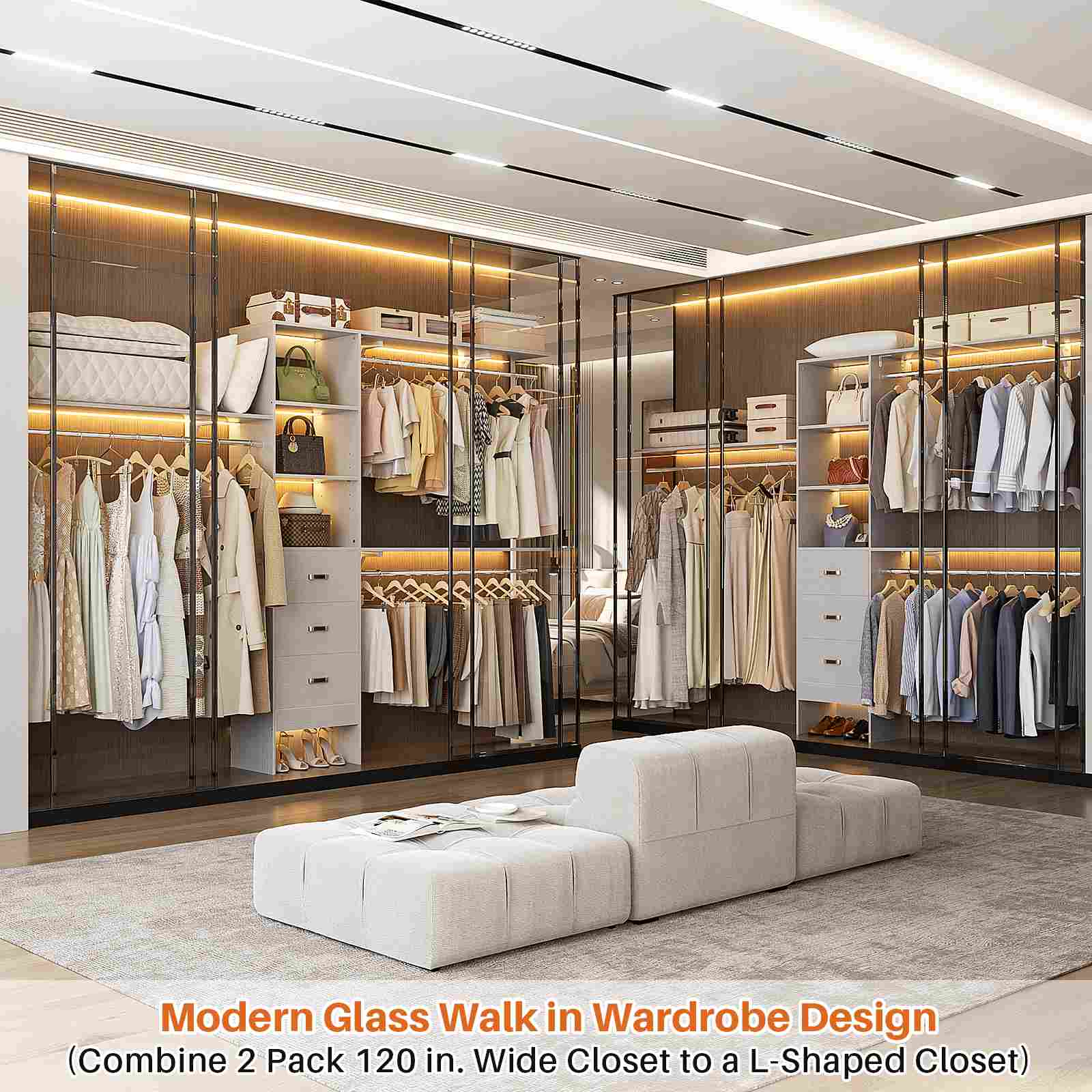 10FT Heavy Duty Closet System with 3 Wooden Drawers, 3 Shelving Towers and Expandable Rods