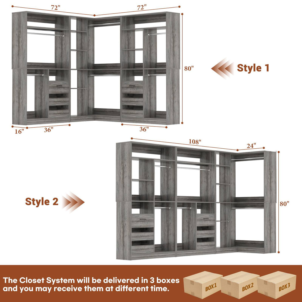 108" L-Shaped Closet System with 6 Drawers, 9FT Corner Closet System with 6 Hanging Rods & Corner Tower