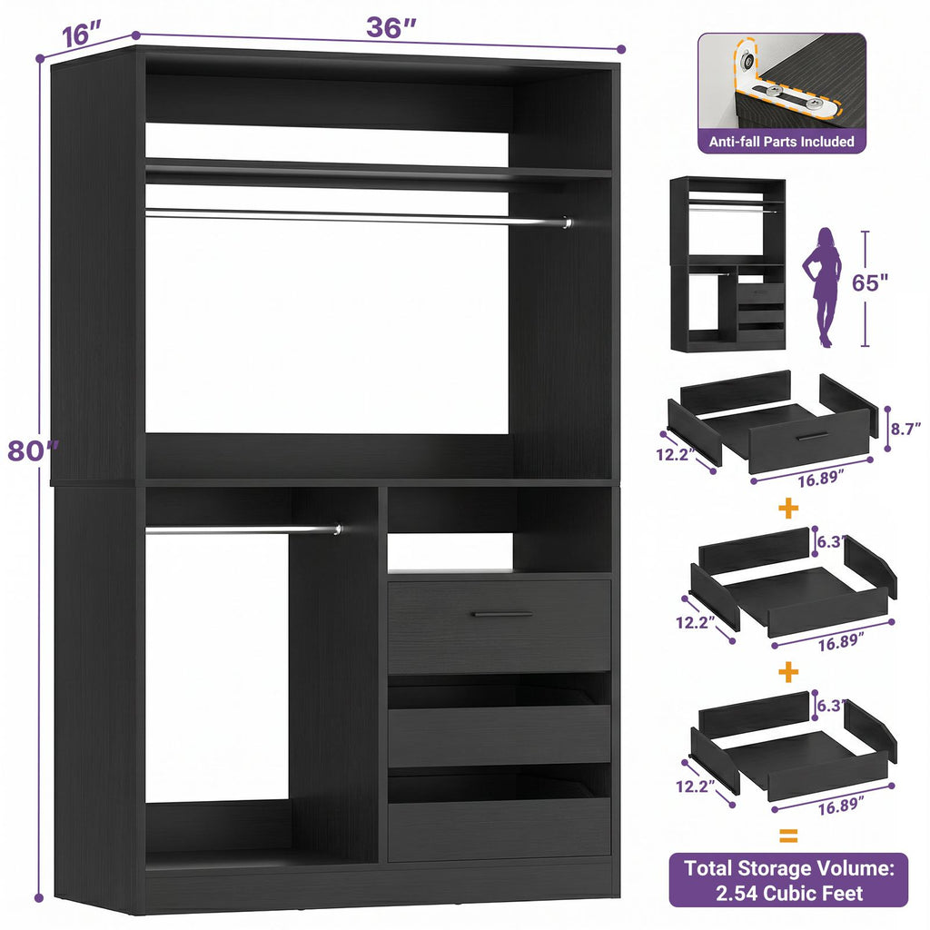 36'' Closet System with Long Hanging Rods, 4 Shelves, Wood Walk-in Closet with Closed & 2 Half-Open Drawers