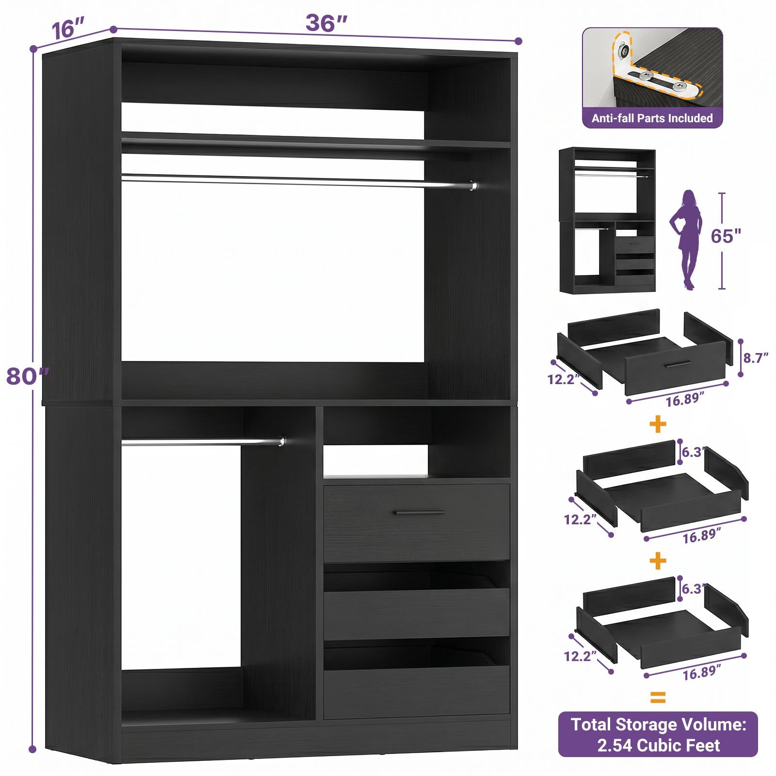 36'' Closet System with Long Hanging Rods, 4 Shelves, Wood Walk-in Closet with Closed & 2 Half-Open Drawers