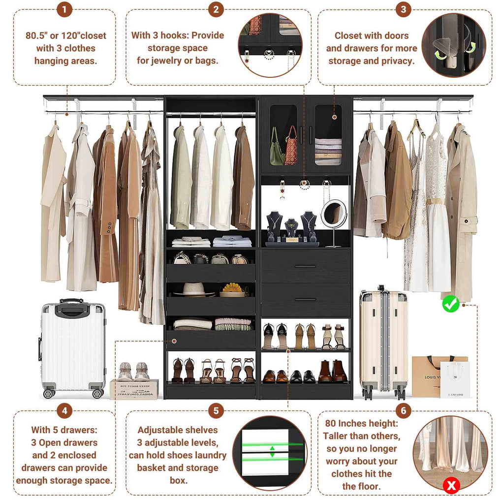40''-120" Closet System Set 2 with 3 Half-Open Drawers, Shelving Towers, Hanging Rods and 2 Big Wing Shelves
