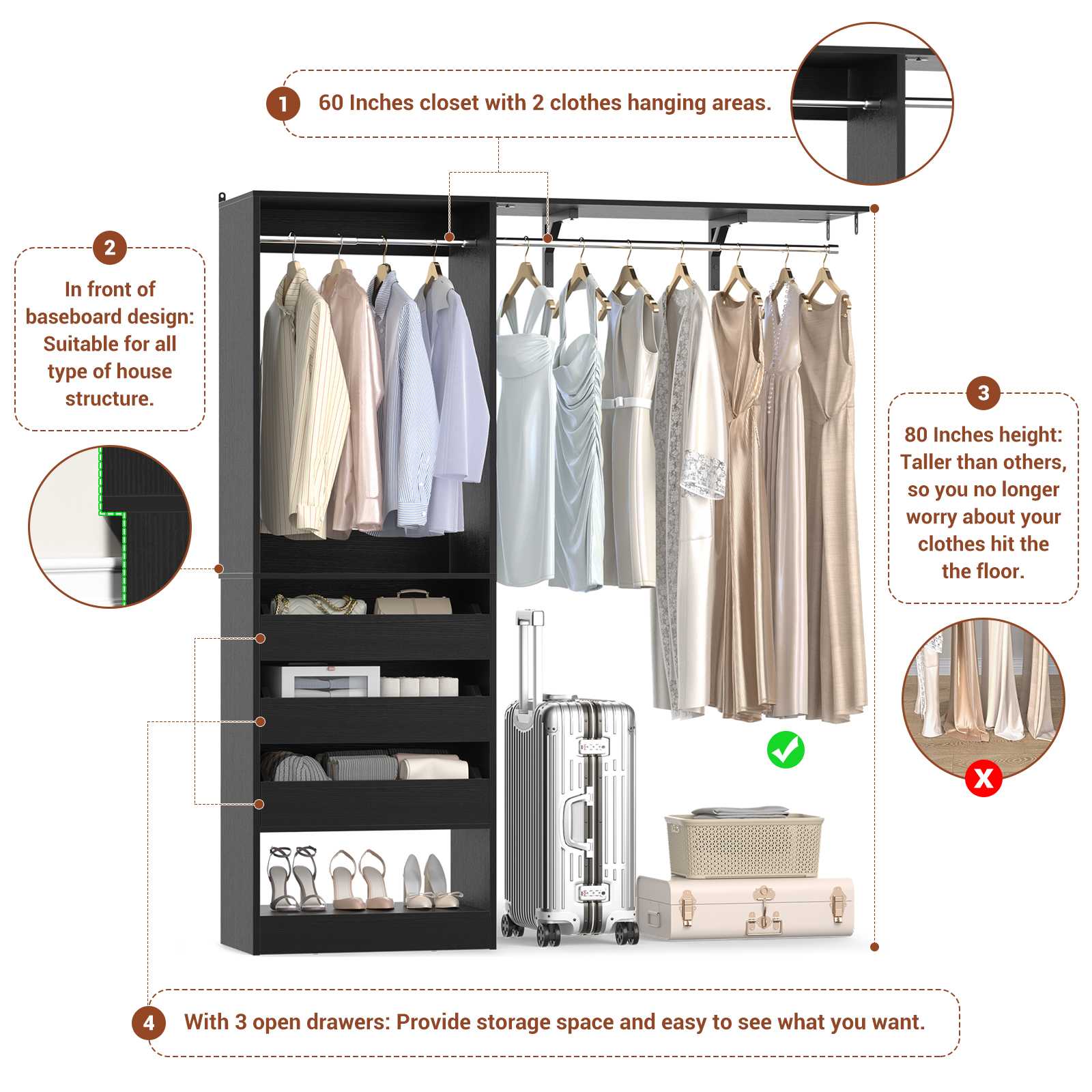 80" Tall x 60" Wide Closet System with 3 Half-Open Wooden Drawers,  2 Hanging Rods and Big Wing Shelf