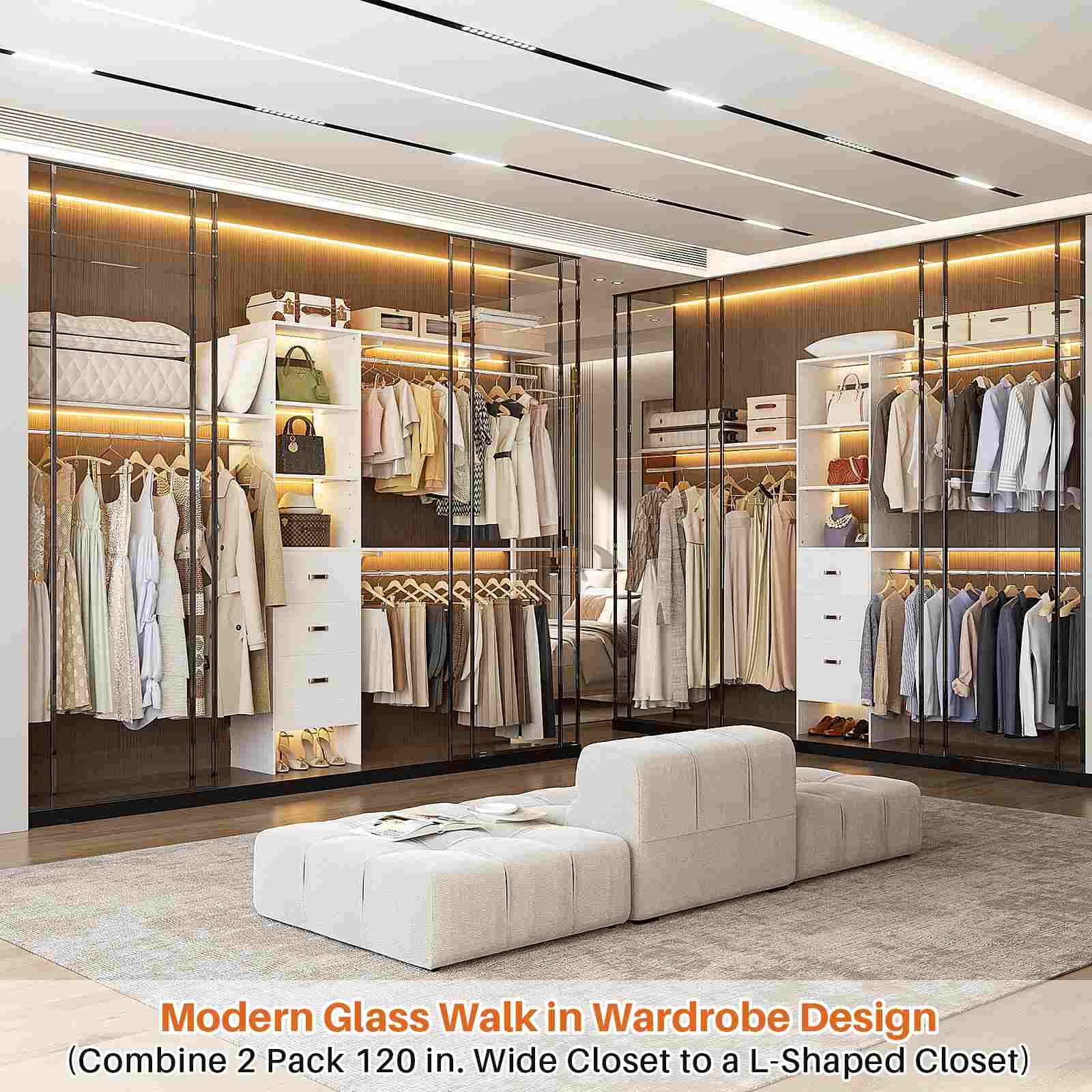 10FT Heavy Duty Closet System with 3 Wooden Drawers, 3 Shelving Towers and Expandable Rods