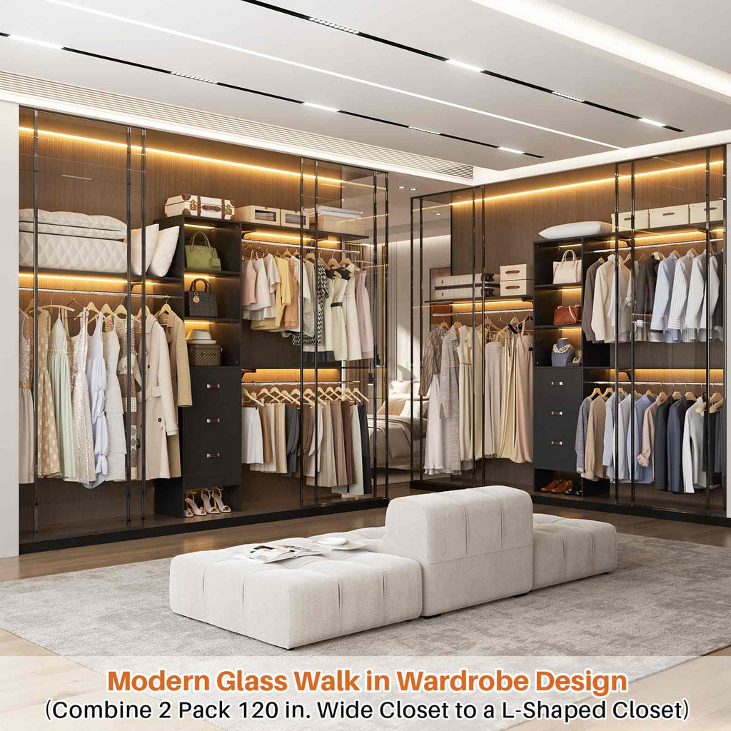 10FT Heavy Duty Closet System with 3 Wooden Drawers, 3 Shelving Towers and Expandable Rods