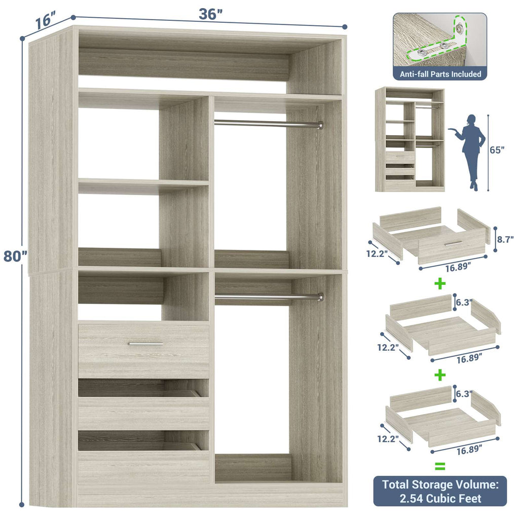 3FT Closet System with 6 Shelves, 2 Hanging Rod, Closed & 2 Half-Open Drawers