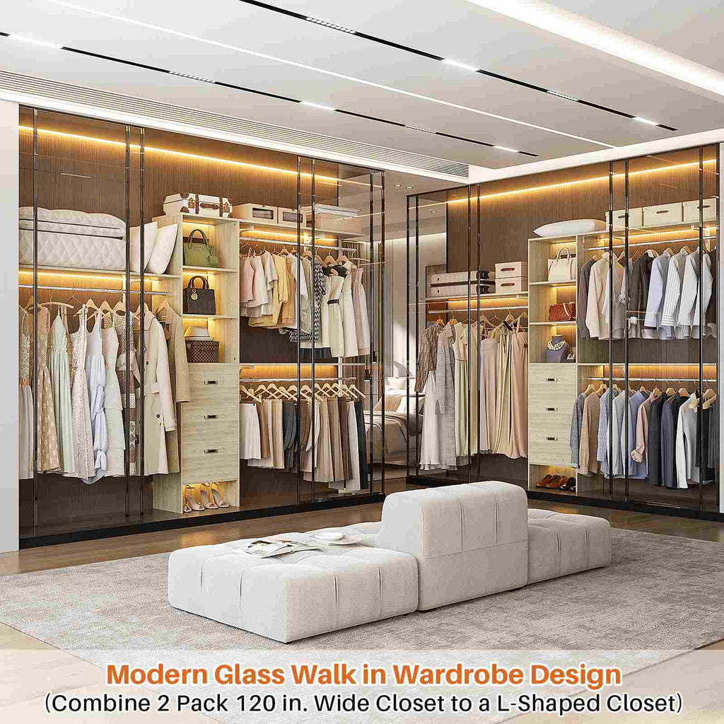 10FT Heavy Duty Closet System with 3 Wooden Drawers, 3 Shelving Towers and Expandable Rods