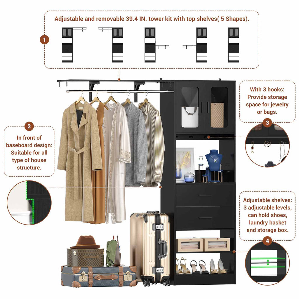 80" Tall x 60" Wide Closet System with Doors, Wooden Drawers, Big Wing Shelf and Hanging Rod