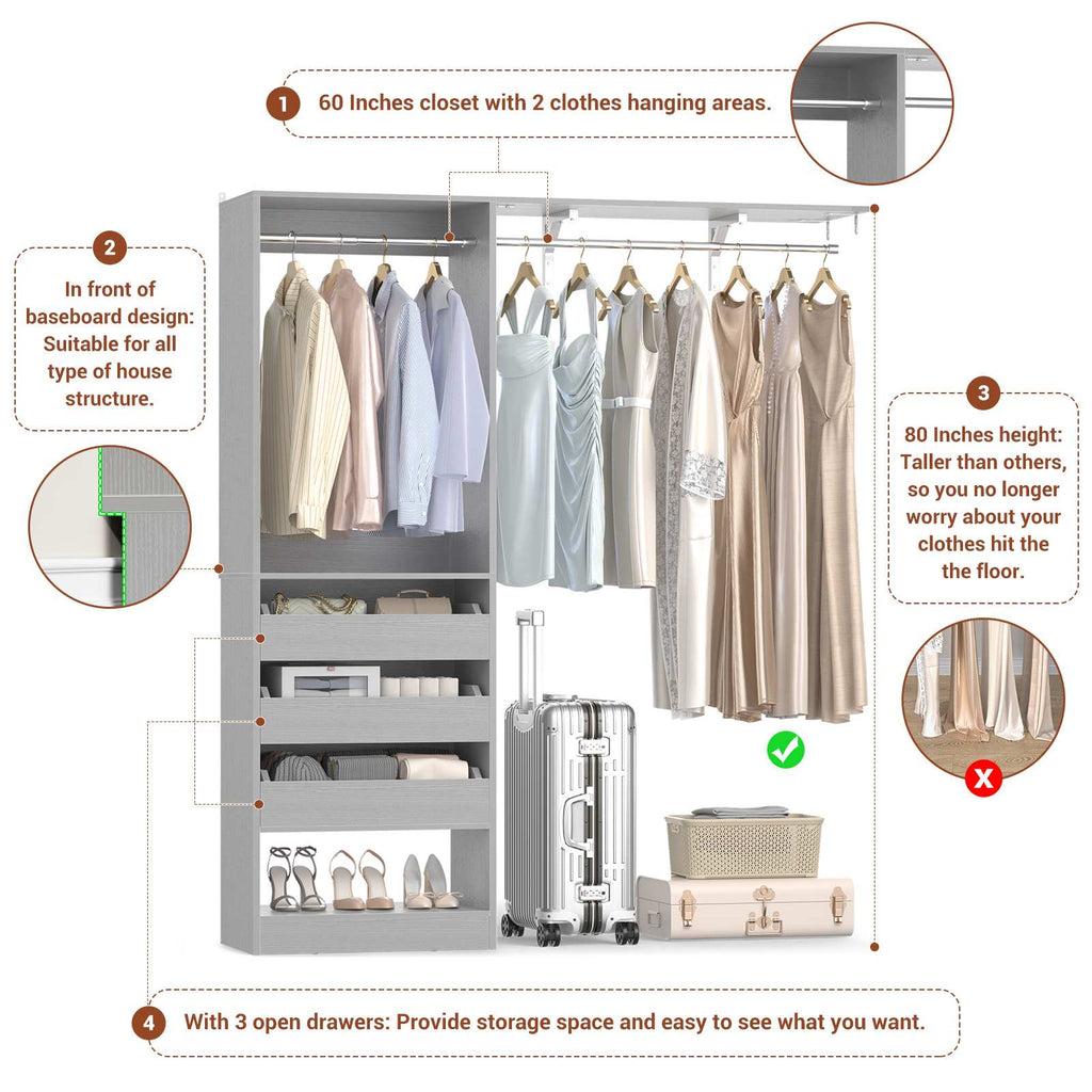 80" Tall x 60" Wide Closet System with 3 Half-Open Wooden Drawers,  2 Hanging Rods and Big Wing Shelf