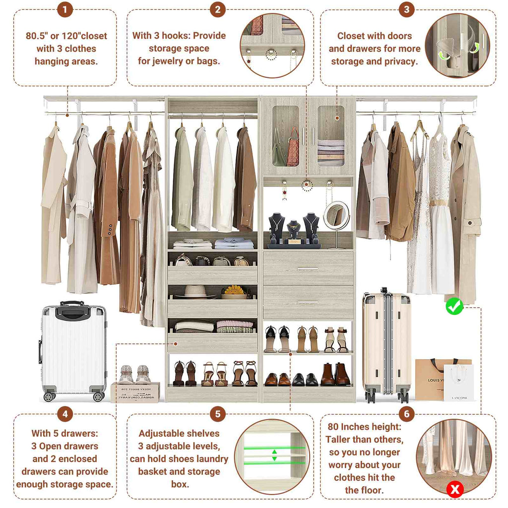 40''-120" Closet System Set 2 with 3 Half-Open Drawers, Shelving Towers, Hanging Rods and 2 Big Wing Shelves