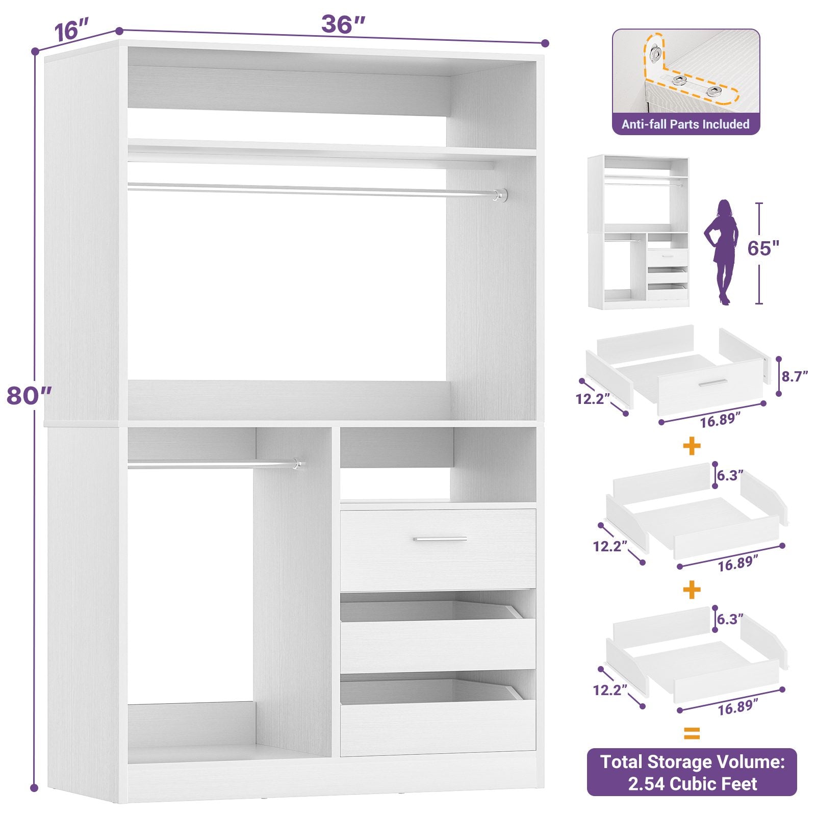 36'' Closet System with Long Hanging Rods, 4 Shelves, Wood Walk-in Closet with Closed & 2 Half-Open Drawers