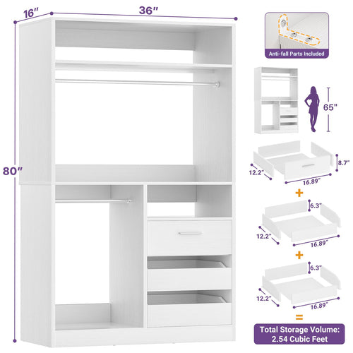36'' Closet System with Long Hanging Rods, 4 Shelves, Wood Walk-in Closet with Closed & 2 Half-Open Drawers