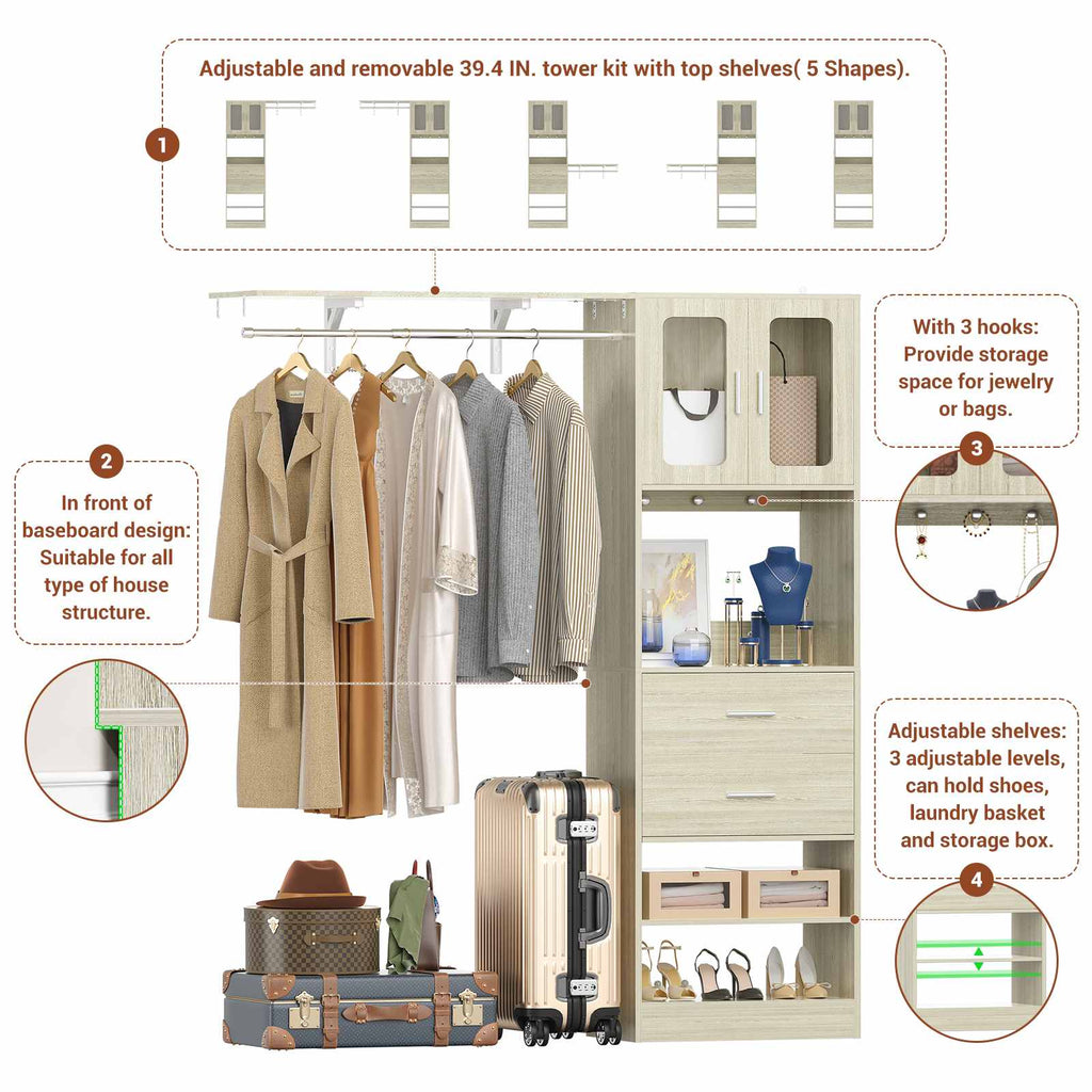 80" Tall x 60" Wide Closet System with Doors, Wooden Drawers, Big Wing Shelf and Hanging Rod