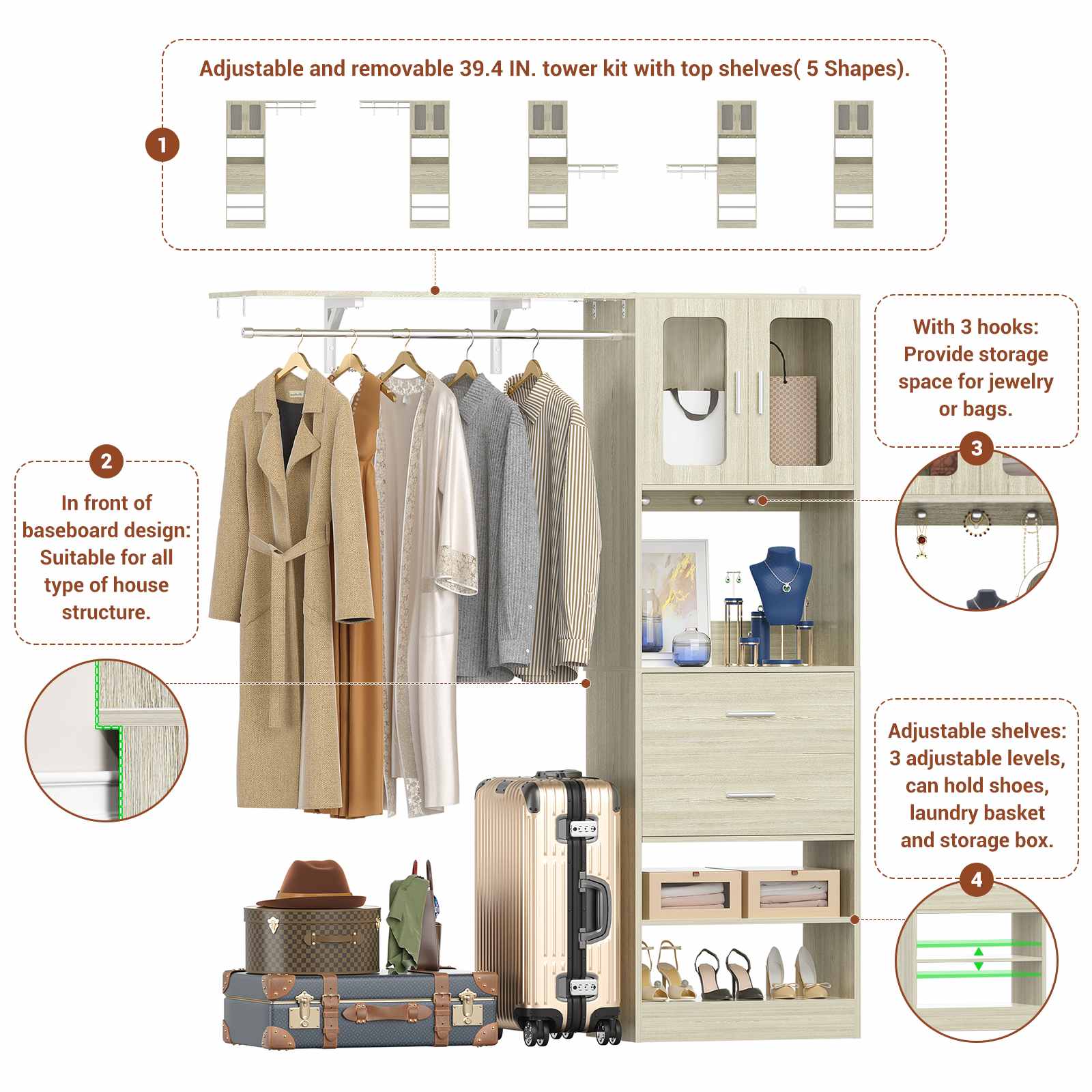 80" Tall x 60" Wide Closet System with Doors, Wooden Drawers, Big Wing Shelf and Hanging Rod