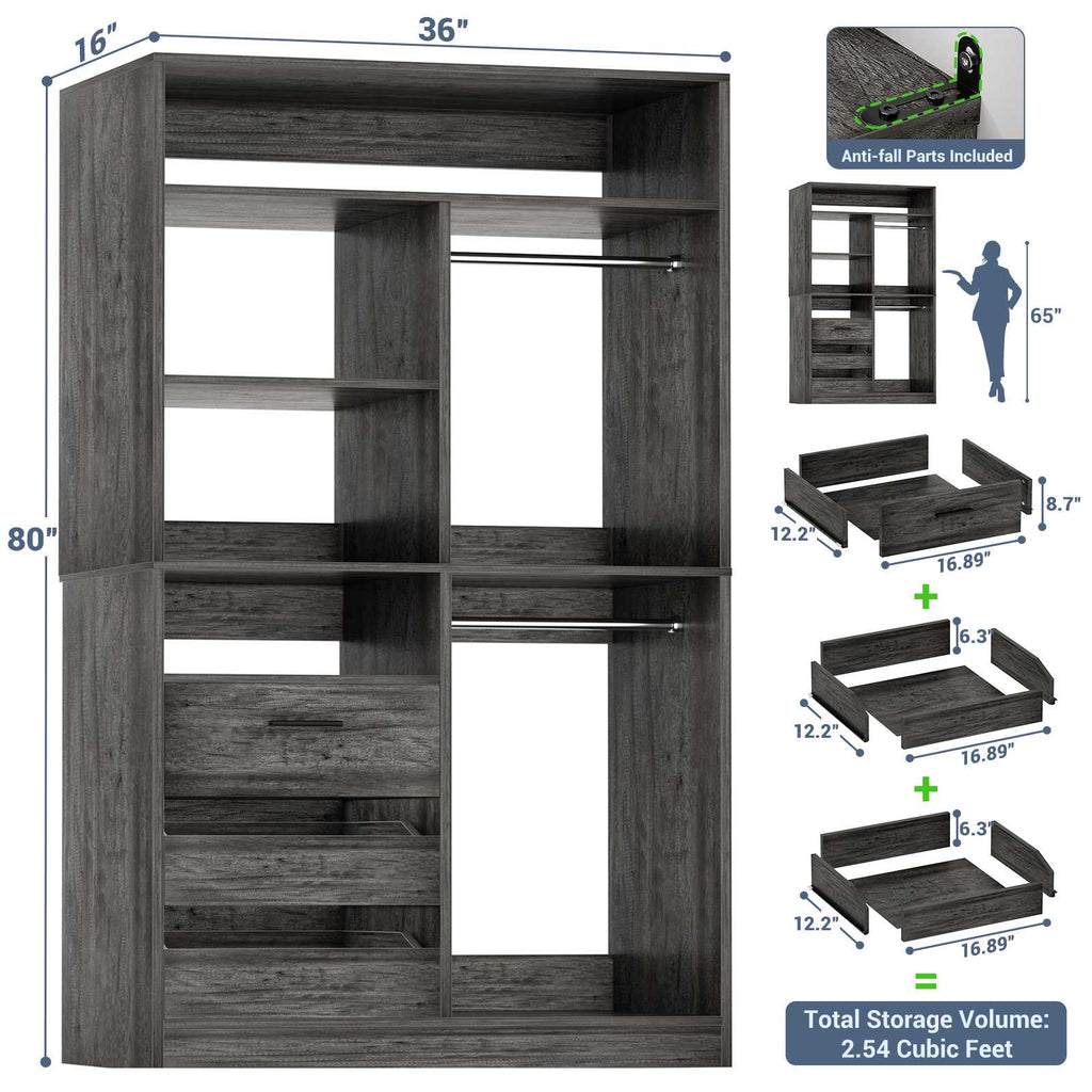 3FT Closet System with 6 Shelves, 2 Hanging Rod, Closed & 2 Half-Open Drawers