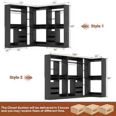 108" L-Shaped Closet System with 6 Drawers, 9FT Corner Closet System with 6 Hanging Rods & Corner Tower